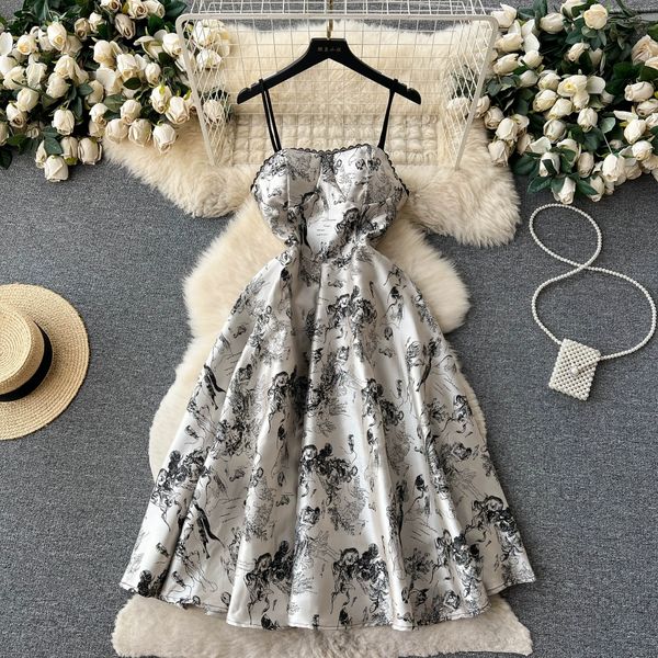 french vintage ink painting print bra strap dress summer waist wrap show thin temperament a-line large swing long dress, Black;gray
french vintage ink painting print bra strap dress summer waist wrap show thin temperament a-line large swing long dress, Black;gray