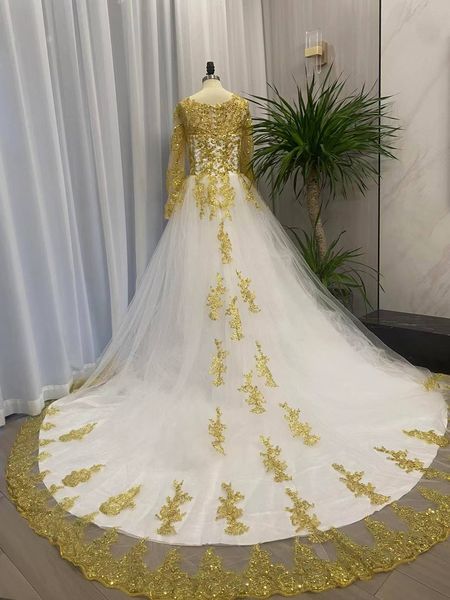 real image a line wedding dresses jewel neck illusion gold lace appliques beaded tulle button back floor length plus size formal bridal gown, White
real image a line wedding dresses jewel neck illusion gold lace appliques beaded tulle button back floor length plus size formal bridal gown, White