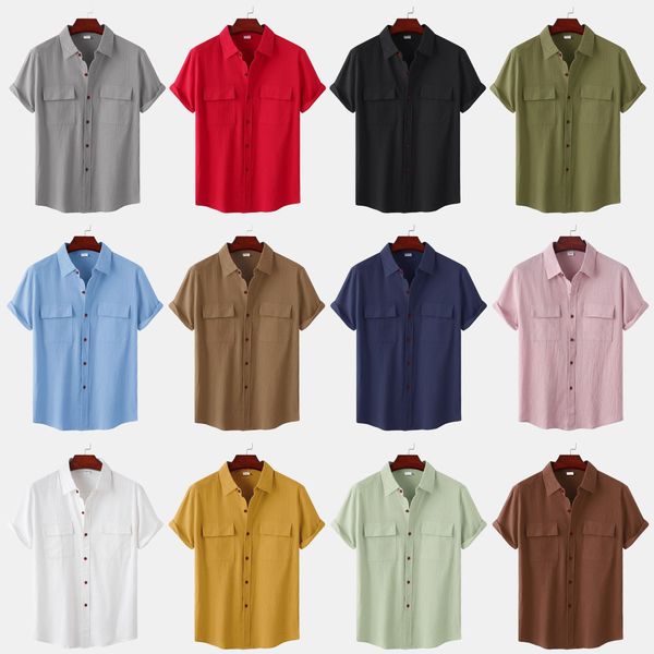 summer solid loose cotton short sleeves casual shirts with pockets men's shirts, White;black
summer solid loose cotton short sleeves casual shirts with pockets men's shirts, White;black