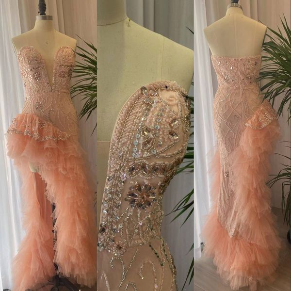 2023 evening dresses wear sweetheart peach crystal beading mermaid high low ruffles tiered peplum split prom gowns special occasion, Black
2023 evening dresses wear sweetheart peach crystal beading mermaid high low ruffles tiered peplum split prom gowns special occasion, Black