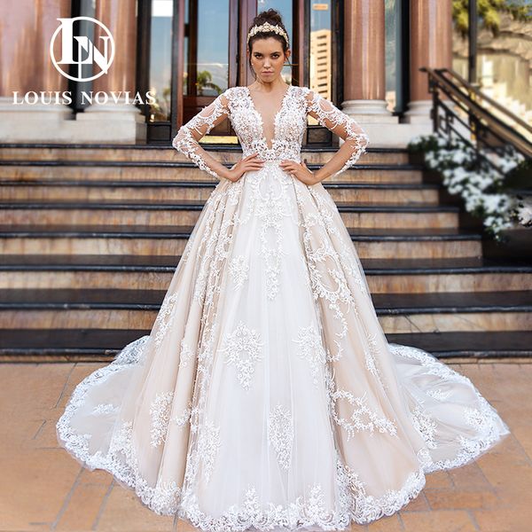 ball gown champagne wedding dress 2023 v-neck beading appliques illusion long sleeve wedding dress for bride vestidos de novia, White
ball gown champagne wedding dress 2023 v-neck beading appliques illusion long sleeve wedding dress for bride vestidos de novia, White