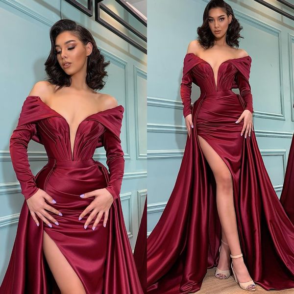 burgundy prom dresses v neck long sleeves evening gowns slit pleats formal red carpet long special occasion dress, Black
burgundy prom dresses v neck long sleeves evening gowns slit pleats formal red carpet long special occasion dress, Black