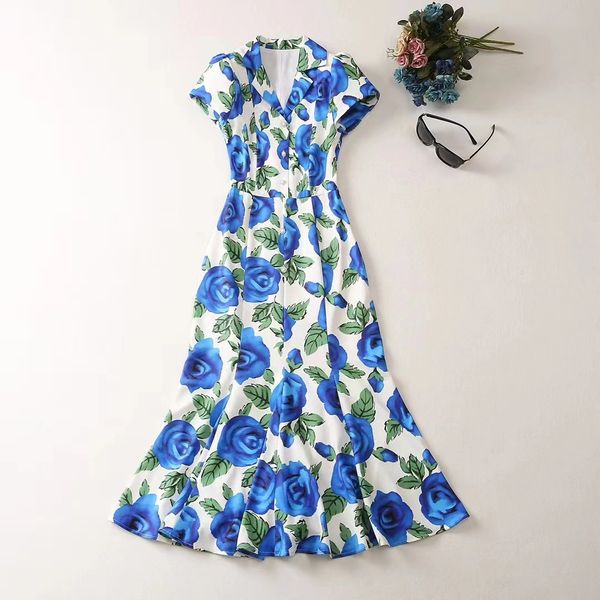 european and american women's clothes 2023 spring new short-sleeved suit collar blue flower print fashion fishtail dress xxl, Black;gray 
european and american women's clothes 2023 spring new short-sleeved suit collar blue flower print fashion fishtail dress xxl, Black;gray