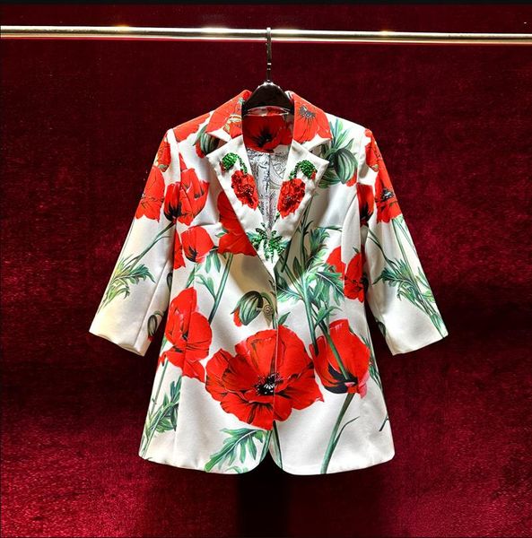 european and american women's clothes 2023 summer new seven-point sleeve beaded suit collar fashion floral print coat, Black;brown
european and american women's clothes 2023 summer new seven-point sleeve beaded suit collar fashion floral print coat, Black;brown