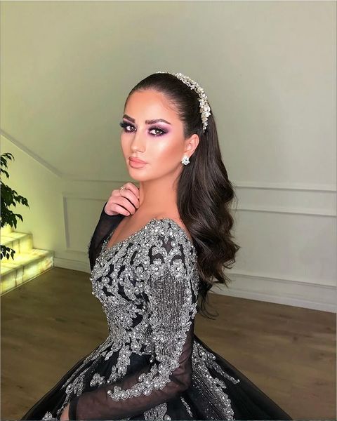 vintage long sleeve evening dresses with silver beads pearls v neck a line ball gown prom dress custom sweep train arabic formal gowns, Black
vintage long sleeve evening dresses with silver beads pearls v neck a line ball gown prom dress custom sweep train arabic formal gowns, Black