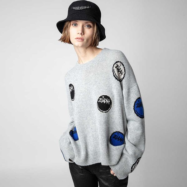 23ss new zadig voltaire designer sweater coats fashion knitted full of smiling face jacquard loose cashmere women pullover round neck knit s, White
23ss new zadig voltaire designer sweater coats fashion knitted full of smiling face jacquard loose cashmere women pullover round neck knit s, White