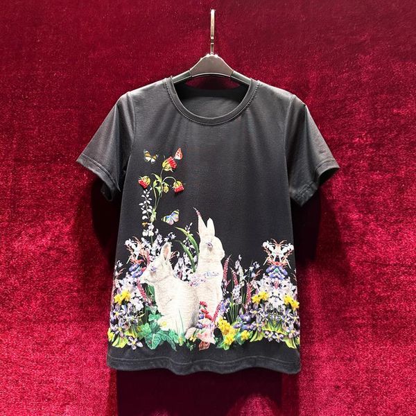 european and american women's clothes 2023 summer new round neck short sleeve rabbit print nail beads fashion cotton t-shirt, White
european and american women's clothes 2023 summer new round neck short sleeve rabbit print nail beads fashion cotton t-shirt, White