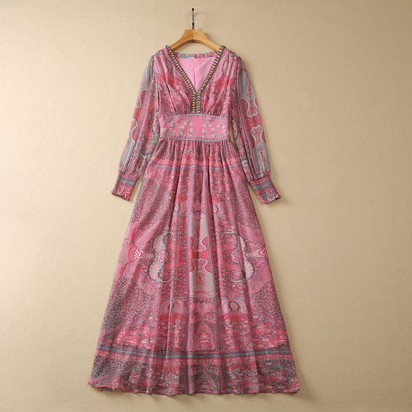 european and american women's clothes 2023 summer new beaded v-neck long-sleeved pink print fashion pleated dress, Black;gray
european and american women's clothes 2023 summer new beaded v-neck long-sleeved pink print fashion pleated dress, Black;gray