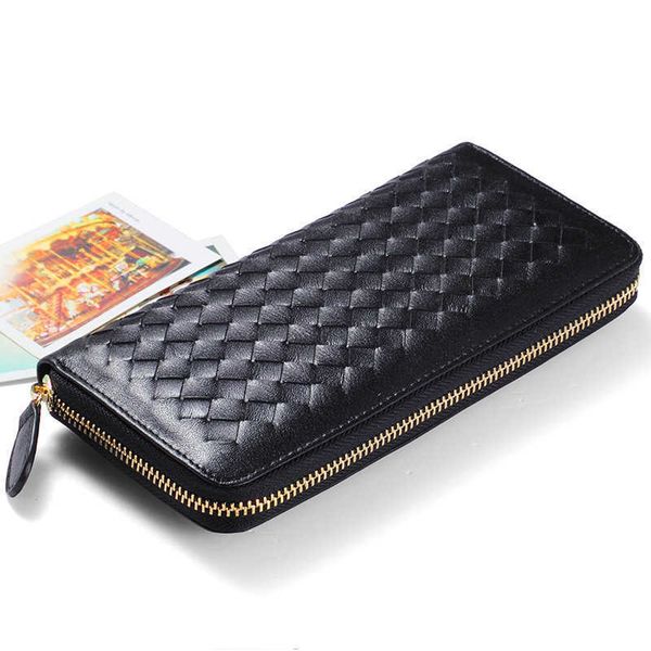 sheepskin woven long zipper women's purse leather wallet soft leather wallet mobile phone bag
