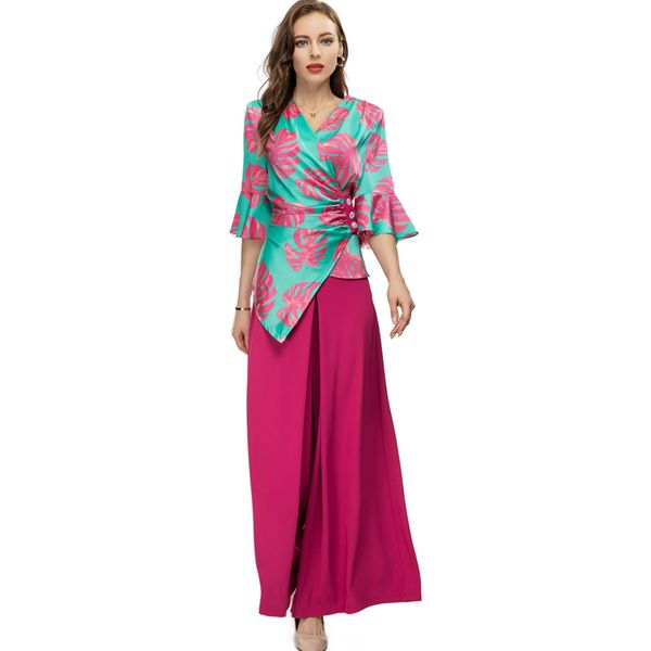women's two piece pants sets v neck asymmetrical printed blouse with wide leg pant fashion twinsets, White
women's two piece pants sets v neck asymmetrical printed blouse with wide leg pant fashion twinsets, White