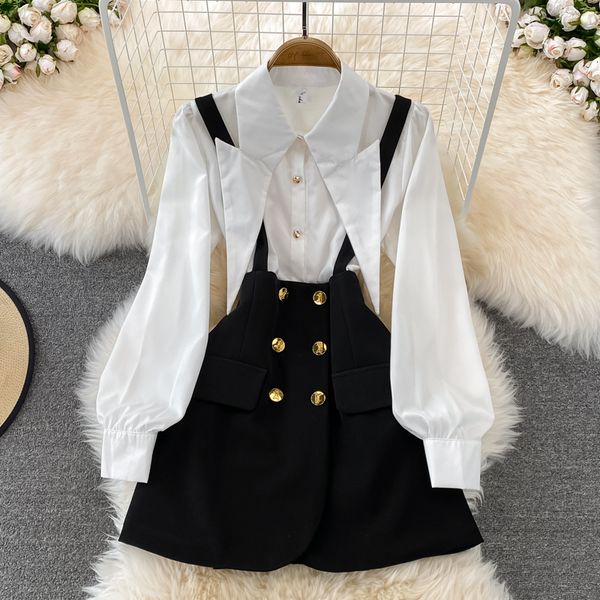 two piece dress england style overall dress two piece set women spring new pointed lapel white shirt + double-breasted suspender skirt suits
two piece dress england style overall dress two piece set women spring new pointed lapel white shirt + double-breasted suspender skirt suits