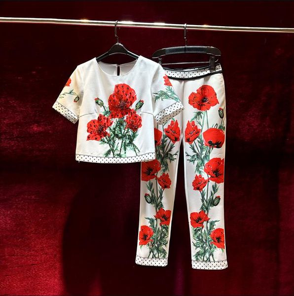european and american women's clothes 2023 summer new short sleeve floral print beaded t-shirt cropped trousers fashion suit, White
european and american women's clothes 2023 summer new short sleeve floral print beaded t-shirt cropped trousers fashion suit, White