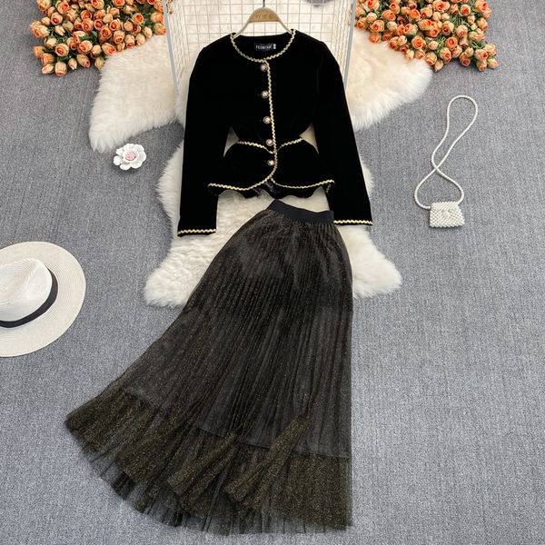 two piece dress fall spring velvet two piece set women retro o-neck single-breasted gold trim velvet jacket coat +shinny mesh long skirt sui, White
two piece dress fall spring velvet two piece set women retro o-neck single-breasted gold trim velvet jacket coat +shinny mesh long skirt sui, White