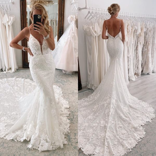 elegant mermaid wedding dresses spaghetti lace luxury wedding dress sweep train backless wedding bridal gowns, White
elegant mermaid wedding dresses spaghetti lace luxury wedding dress sweep train backless wedding bridal gowns, White