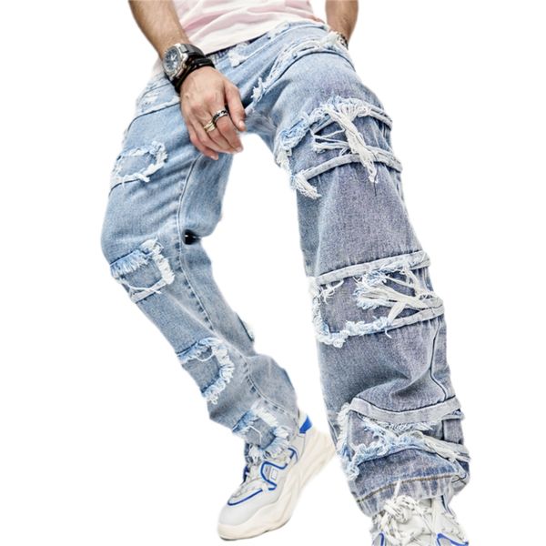 men's jeans retro casual jeans men's american trend slacks high street wide-leg pants, Blue