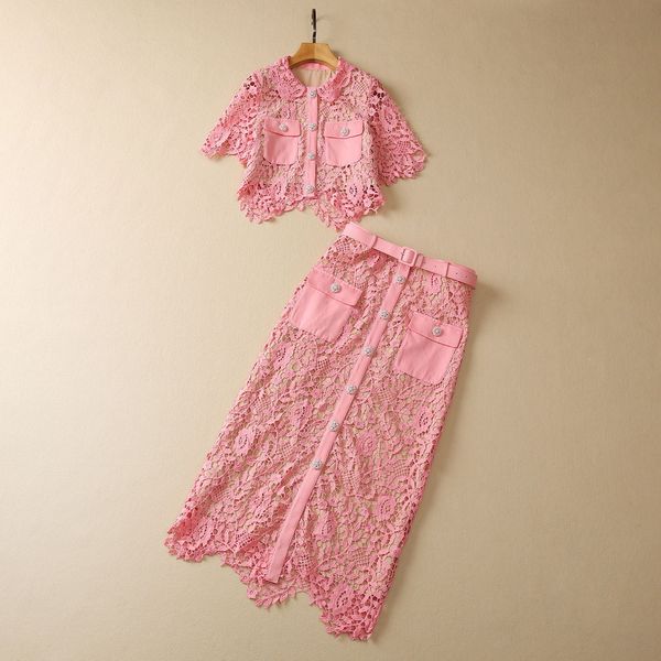 european and american women's clothes 2023 summer new short-sleeved hollowed out shirt pink belted skirt fashion suit, White
european and american women's clothes 2023 summer new short-sleeved hollowed out shirt pink belted skirt fashion suit, White