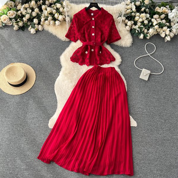 two piece dress french suits women's new fashion lapel short sleeve lace + high-waist pleated skirt solid color elegant two-piece sets, White
two piece dress french suits women's new fashion lapel short sleeve lace + high-waist pleated skirt solid color elegant two-piece sets, White