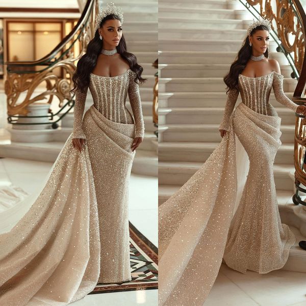 princess mermaid wedding dresses off shoulder long sleeve glitter bridal gowns custom made beaded pearls wedding dress, White
princess mermaid wedding dresses off shoulder long sleeve glitter bridal gowns custom made beaded pearls wedding dress, White