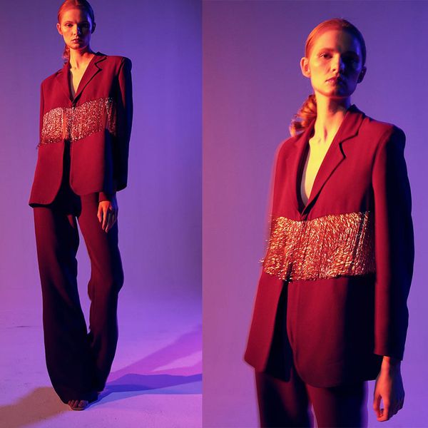red carpet women blazer suits leisure beading street power outfits evening party pants suits wedding wear 2 pieces, Black;red