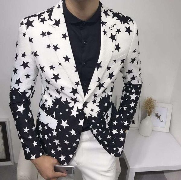 star print slim fit suit jacket 2019 brand new male club stage blazer man formal wedding suit prom blazers for men costume homme c3562790 qu, White;black
star print slim fit suit jacket 2019 brand new male club stage blazer man formal wedding suit prom blazers for men costume homme c3562790 qu, White;black