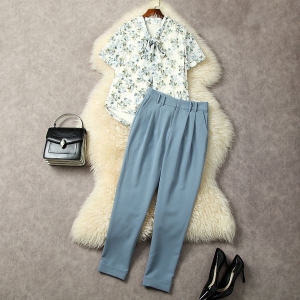 european and american women's clothes 2023 summer new printed shirt with short sleeve bow collar capris fashion suit, White
european and american women's clothes 2023 summer new printed shirt with short sleeve bow collar capris fashion suit, White