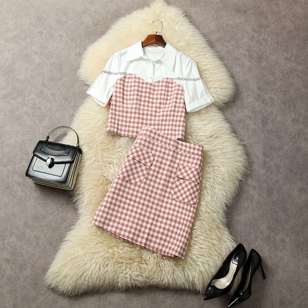 european and american women's clothes 2023 summer new short sleeve chain check shirt pink skirt fashion suit, White
european and american women's clothes 2023 summer new short sleeve chain check shirt pink skirt fashion suit, White