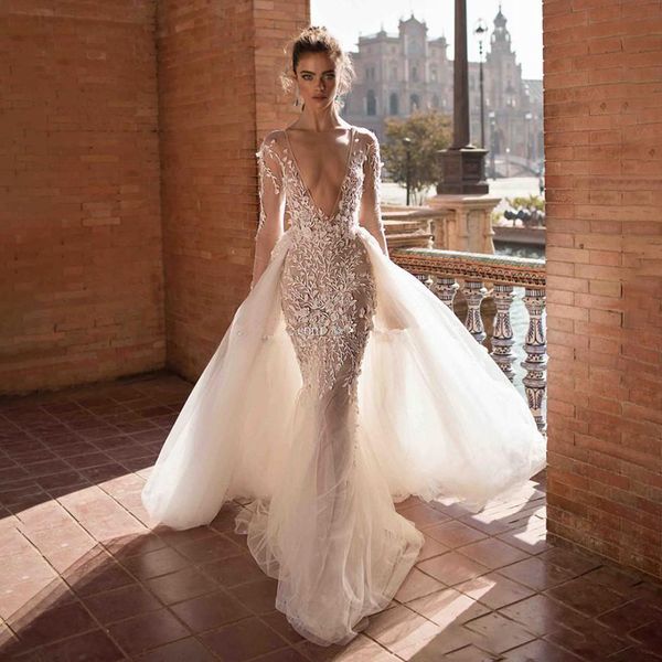 illusion backless mermaid wedding dresses with detachable tulle skirt lace appliques deep v-neck long sleeves beach bridal gowns custom made, White
illusion backless mermaid wedding dresses with detachable tulle skirt lace appliques deep v-neck long sleeves beach bridal gowns custom made, White