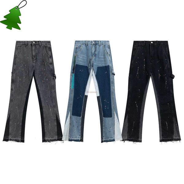 men's jeans clothing denim pants galleryes depts deconstructed splice speckle flare street casual women's raw edge hip hop trouser, Blue
men's jeans clothing denim pants galleryes depts deconstructed splice speckle flare street casual women's raw edge hip hop trouser, Blue