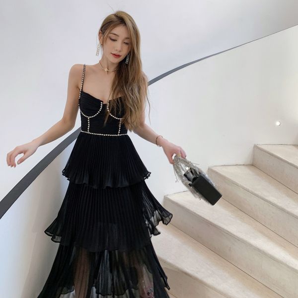 new s-elf portrait chiffon pleated long dress cake dress strap dress black blue, Black;gray
new s-elf portrait chiffon pleated long dress cake dress strap dress black blue, Black;gray
