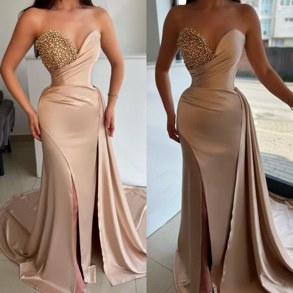elegant champagne evening gown pearls sweetheart split party prom dresses sweep train formal long dress for red carpet special occasion, Black;red
elegant champagne evening gown pearls sweetheart split party prom dresses sweep train formal long dress for red carpet special occasion, Black;red