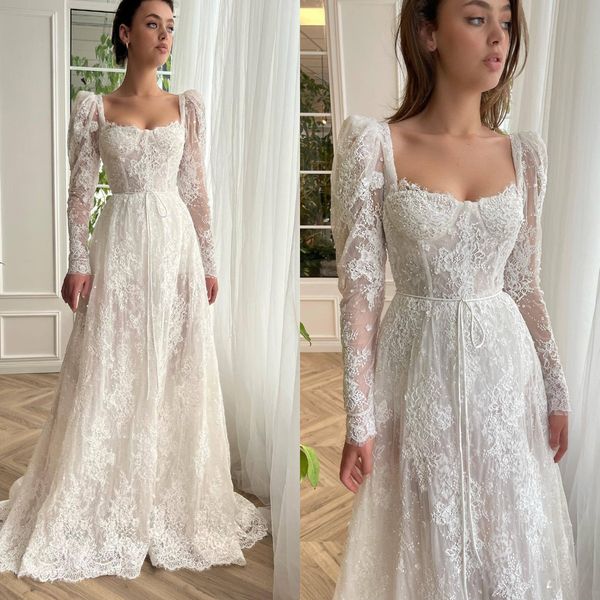 fashion lace a line wedding dresses square neck long sleeves wedding dress sweep train designer bridal gowns, White
fashion lace a line wedding dresses square neck long sleeves wedding dress sweep train designer bridal gowns, White