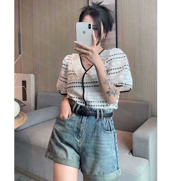 23ss womens designer clothing womens knits color matching stripe lace hollowing knit short-sleeved cardigan womens clothes a1, White
23ss womens designer clothing womens knits color matching stripe lace hollowing knit short-sleeved cardigan womens clothes a1, White