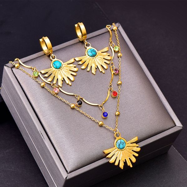 women necklace earrings jewelry set vintage turquoise colorful zircon double layer collar chain gift fan shaped titanium steel accessories, Silver
women necklace earrings jewelry set vintage turquoise colorful zircon double layer collar chain gift fan shaped titanium steel accessories, Silver