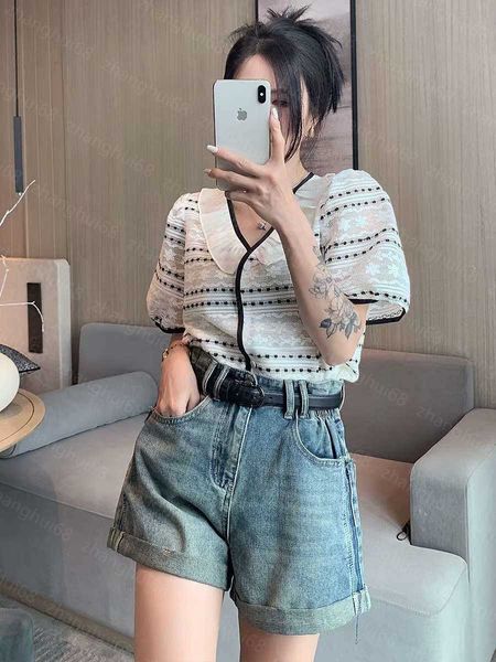 23ss womens designer clothing womens knits color matching stripe lace hollowing knit short-sleeved cardigan womens clothes, White
23ss womens designer clothing womens knits color matching stripe lace hollowing knit short-sleeved cardigan womens clothes, White