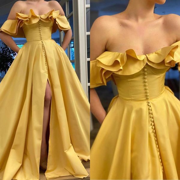 fashion gold prom dresses ruffle off shoulder evening gowns front button slit a line formal red carpet long special occasion party dress, Black
fashion gold prom dresses ruffle off shoulder evening gowns front button slit a line formal red carpet long special occasion party dress, Black