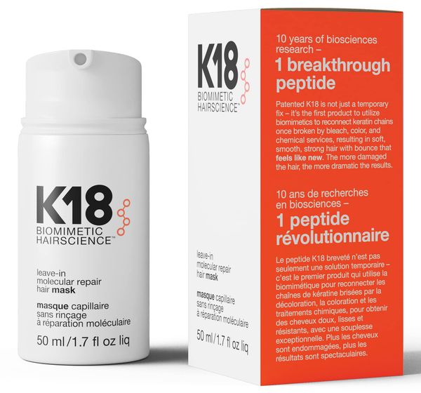 k18 leave-in molecular repair hair mask treatment to repair damaged hair - 4 minutes to reverse damage from bleach, color, chemical services
