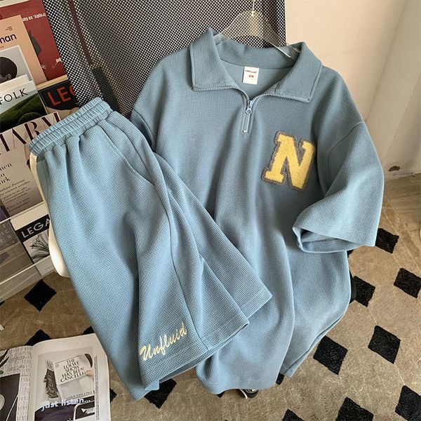 men's tracksuits waffle sports suit summer hong kong style shortsleeved polo shirt letter printed shorts korean lose casual handsome 2p, Gray
men's tracksuits waffle sports suit summer hong kong style shortsleeved polo shirt letter printed shorts korean lose casual handsome 2p, Gray