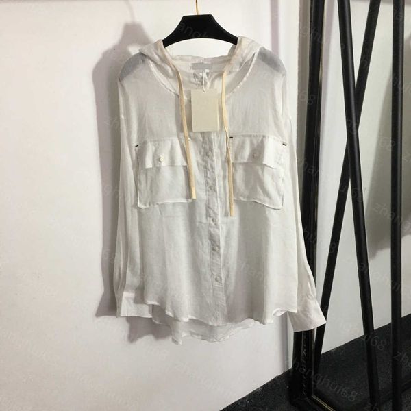 23ss women shirt womens designer clothing high neck blouse chest pocket long sleeve hooded suntan coat shirt women clothes, White
23ss women shirt womens designer clothing high neck blouse chest pocket long sleeve hooded suntan coat shirt women clothes, White