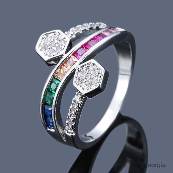 band rings luxury female rainbow colorful zircon ring charm ladies gold color hexagon ring unique style promise engagement rings for women r, Silver
band rings luxury female rainbow colorful zircon ring charm ladies gold color hexagon ring unique style promise engagement rings for women r, Silver