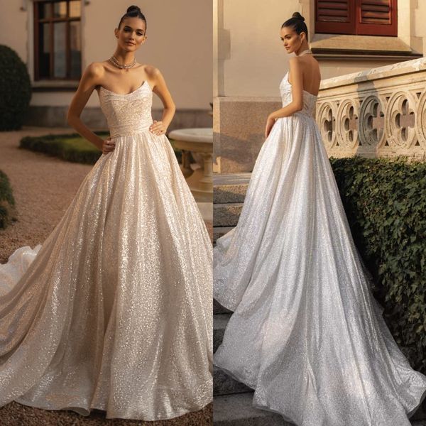 berta a line wedding dresses for bride strapless glitter sequins wedding dress vestidos de novia ruched designer bridal gowns, White
berta a line wedding dresses for bride strapless glitter sequins wedding dress vestidos de novia ruched designer bridal gowns, White