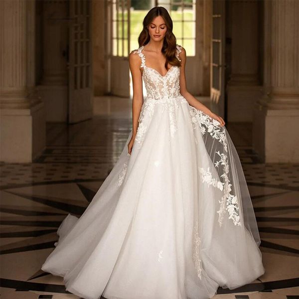 brilliant spaghetti straps a line wedding dresses sweetheart neck lace appliqued bridal gown backless sleeveless robe de novia, White
brilliant spaghetti straps a line wedding dresses sweetheart neck lace appliqued bridal gown backless sleeveless robe de novia, White
