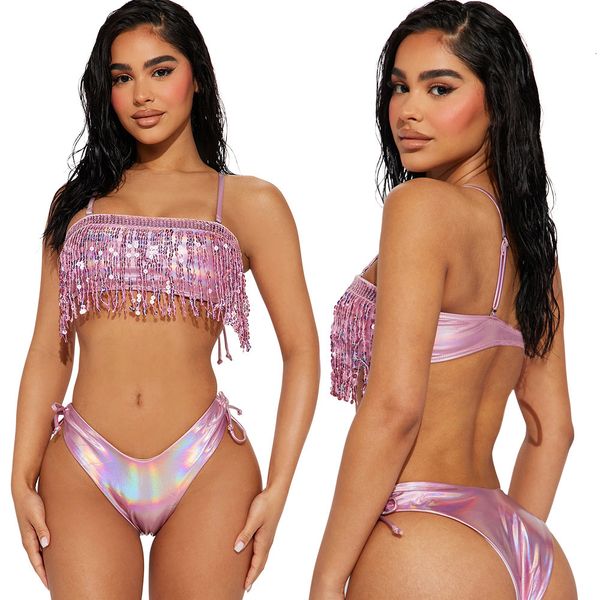 women's swimwear women fashion blingbling sequined tassel strapless crop and panties matching two 2 piece set beach bikinis set 2023 23, White;black
women's swimwear women fashion blingbling sequined tassel strapless crop and panties matching two 2 piece set beach bikinis set 2023 23, White;black