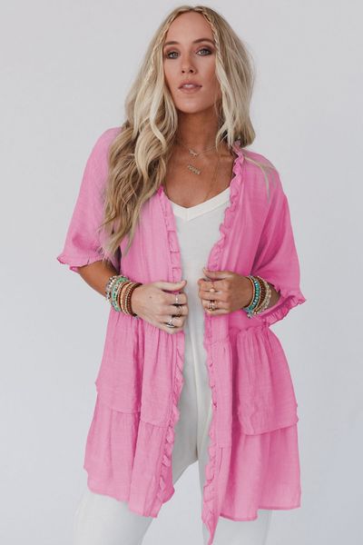 new arrivals wholesale ruffled trim half sleeve cardigan open front kimonos ladies blouse, Red
new arrivals wholesale ruffled trim half sleeve cardigan open front kimonos ladies blouse, Red