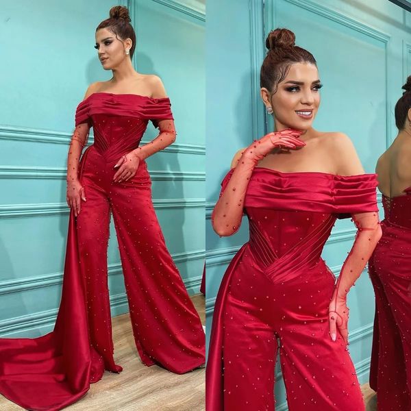 red jumpsuit prom dresses off shoulder pearls jumpsuits evening gowns pleats formal red carpet long, Black
red jumpsuit prom dresses off shoulder pearls jumpsuits evening gowns pleats formal red carpet long, Black