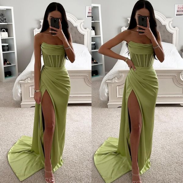 fashion green prom dresses strapless bone bodice evening gowns pleats sheath split formal red carpet long special occasion party dress, Black
fashion green prom dresses strapless bone bodice evening gowns pleats sheath split formal red carpet long special occasion party dress, Black