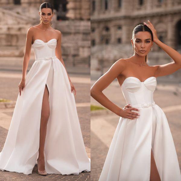 

berta a line wedding dresses for bride sweetheart satin wedding dress vestidos de novia thigh slit designer bridal gowns, White