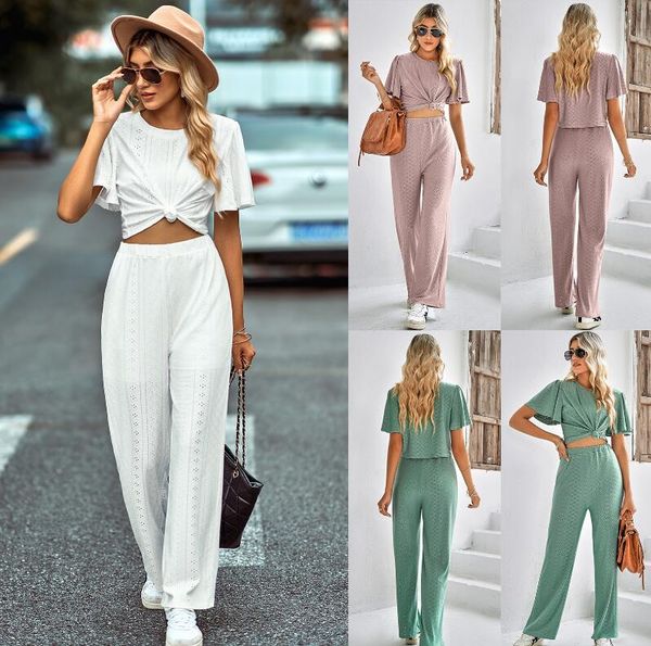 women's set 2023 spring/summer new fashion solid color casual knitted round neck women's set pants two piece set, White
women's set 2023 spring/summer new fashion solid color casual knitted round neck women's set pants two piece set, White