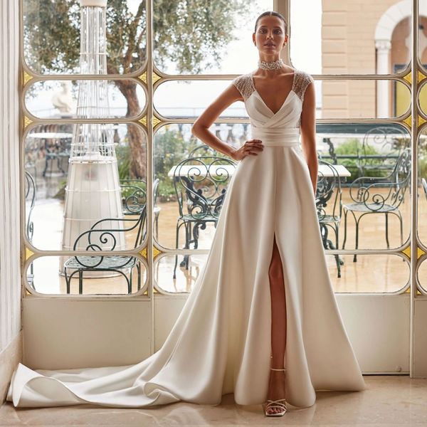 elegant white wedding dress v-neck sequins beads cap sleeve bridal gown front slit sweep train vestidos de novia
elegant white wedding dress v-neck sequins beads cap sleeve bridal gown front slit sweep train vestidos de novia