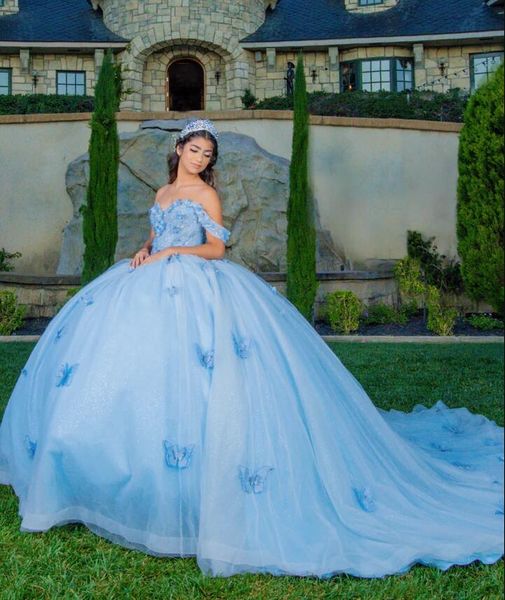 seafoam blue butterfly quinceanera dresses princess off shoulder cathedral train lace-up corset vestidos de 15 anos, Blue;red
seafoam blue butterfly quinceanera dresses princess off shoulder cathedral train lace-up corset vestidos de 15 anos, Blue;red