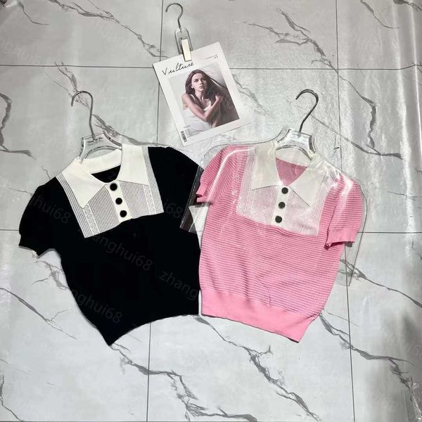 23ss womens knits womens designer clothing color matching lapels knitting short-sleeved womens clothes, White
23ss womens knits womens designer clothing color matching lapels knitting short-sleeved womens clothes, White